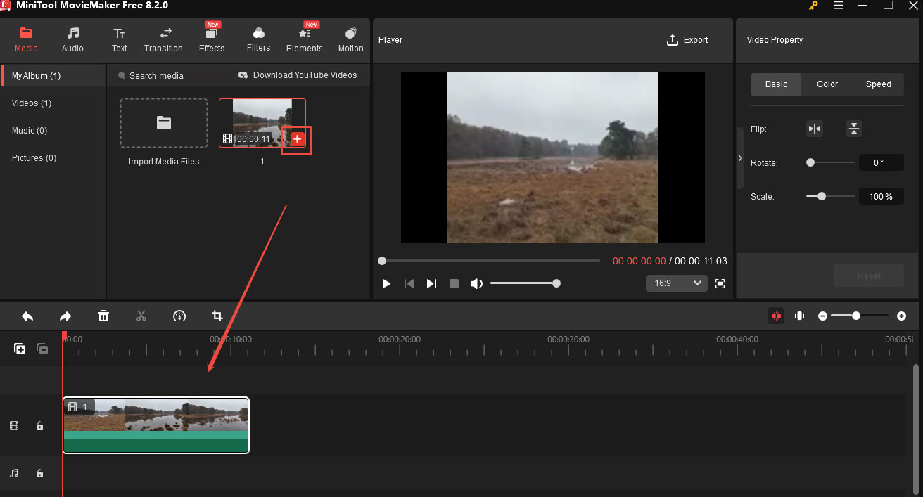 Click the + icon on the video thumbnail to add the video to the timeline