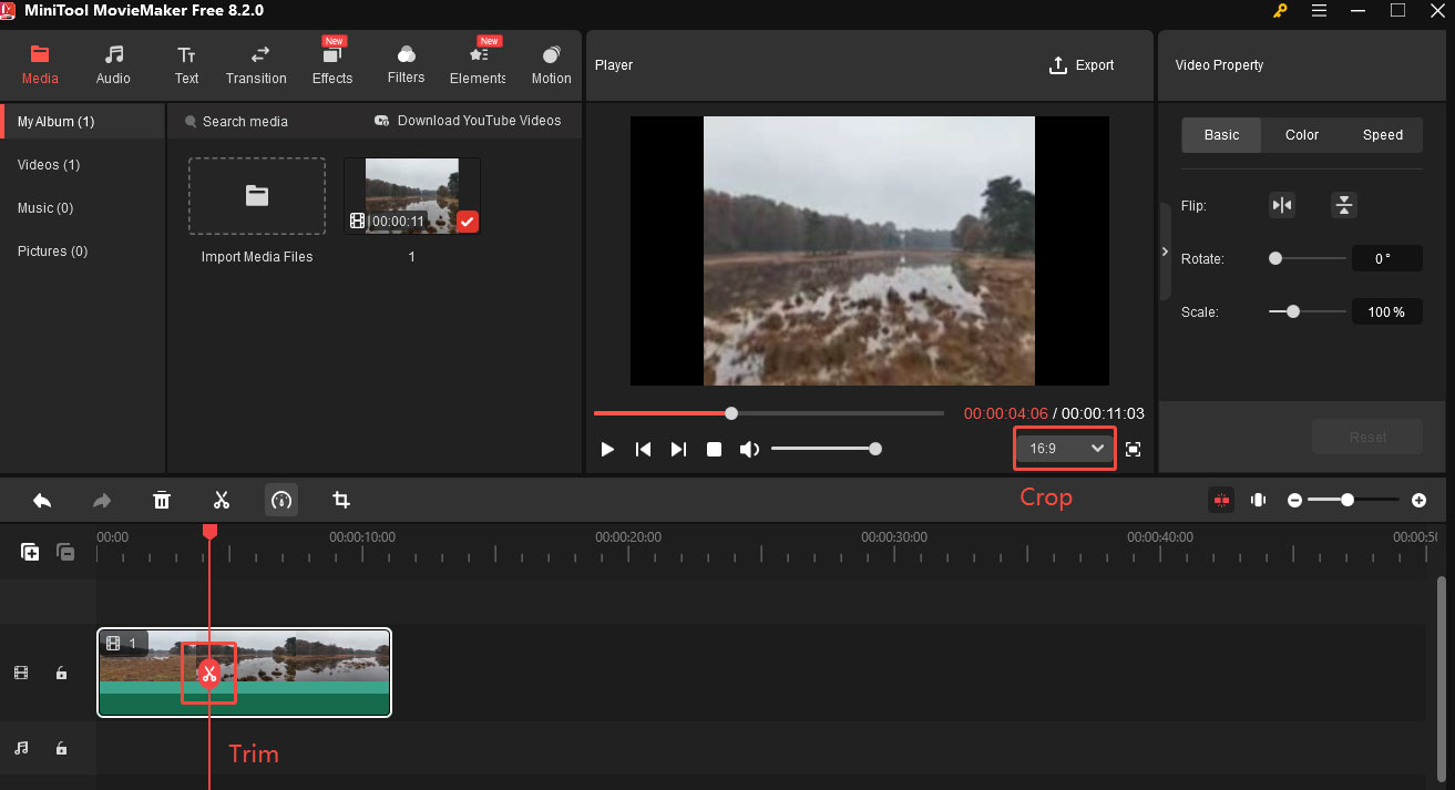 Click the scissors icon on the playhead to perform trimming and expand the Ratio drop-down menu to change a ratio aspect