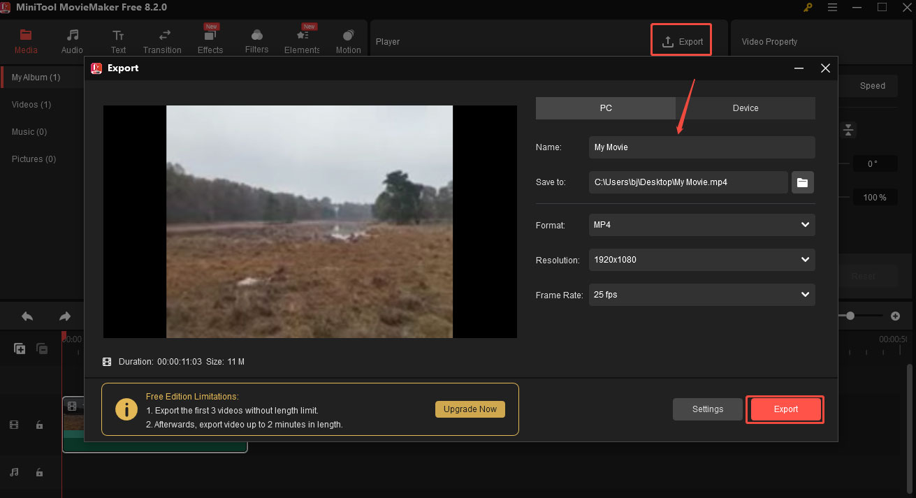 Click Export, change the format, and click the red Export button