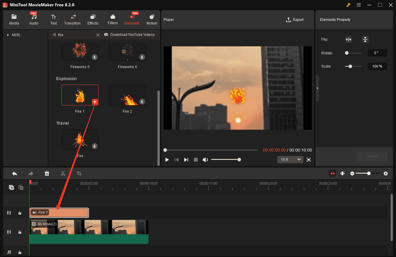 MiniTool MovieMakerで炎のエフェクトを動画に追加