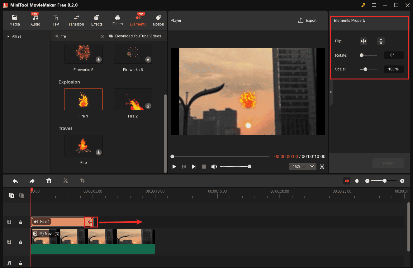 MiniTool MovieMakerで追加した炎のエフェクトを調整