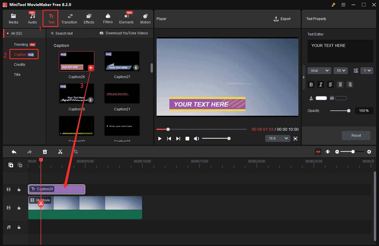 MiniTool MovieMakerの「Caption」からキャプションスタイルを選択