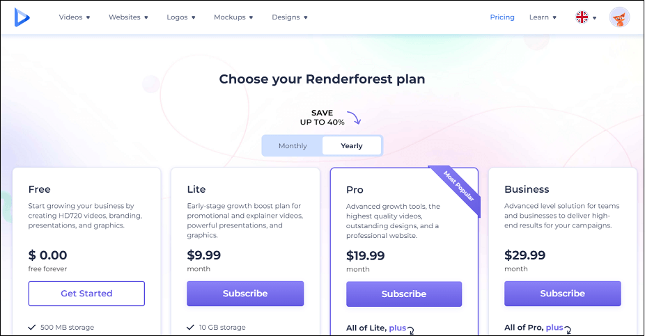 Tarifs de Renderforest