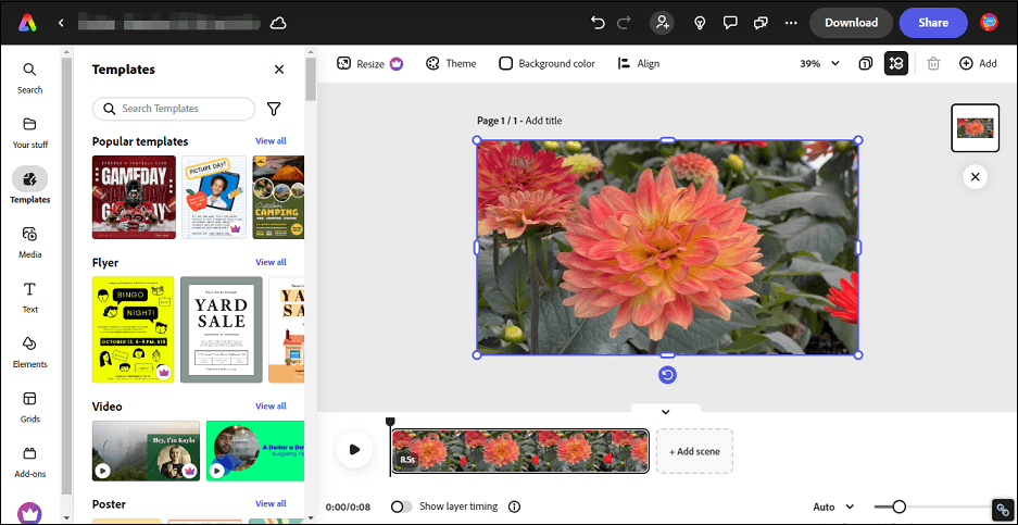 L'interface d'Adobe Express