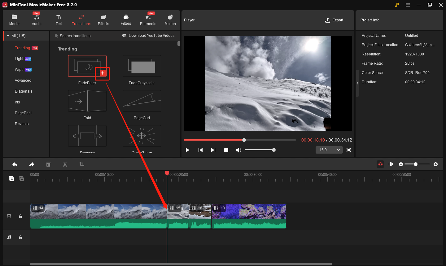 Ajouter une transition entre deux clips dans MiniTool MovieMaker