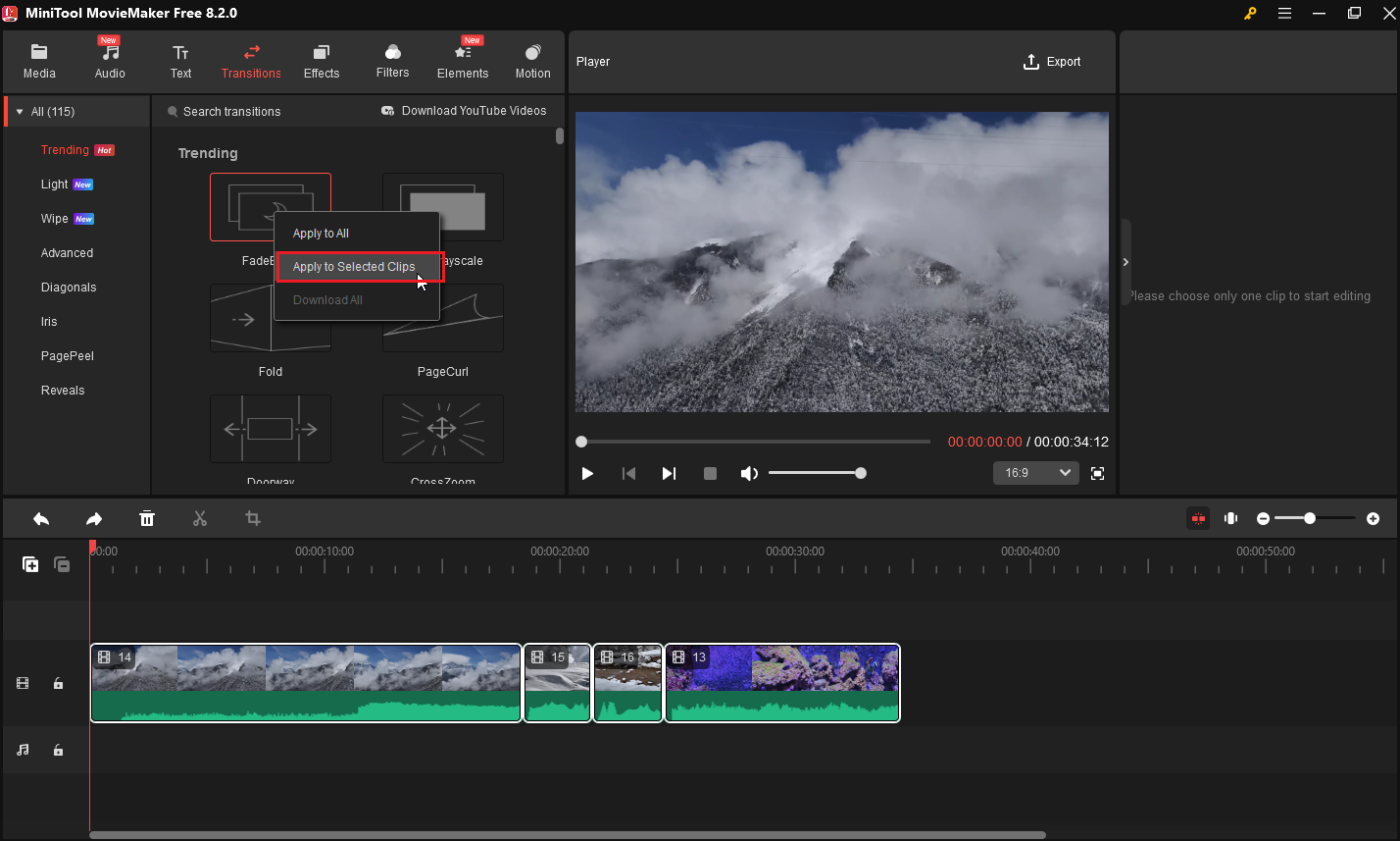 Ajouter une transition entre plusieurs clips dans MiniTool MovieMaker