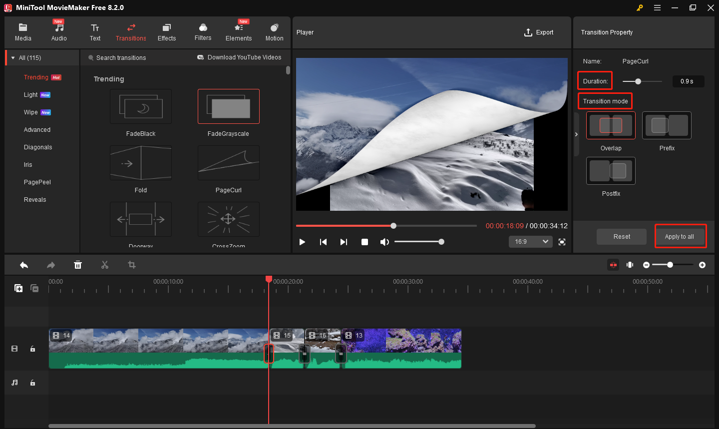Modifier la transition dans MiniTool MovieMaker