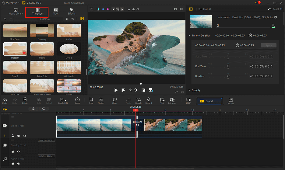 Ajouter une transition dans VideoProc Vlogger