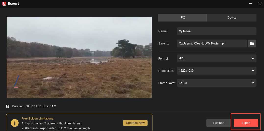 Click Export in MiniTool MovieMaker