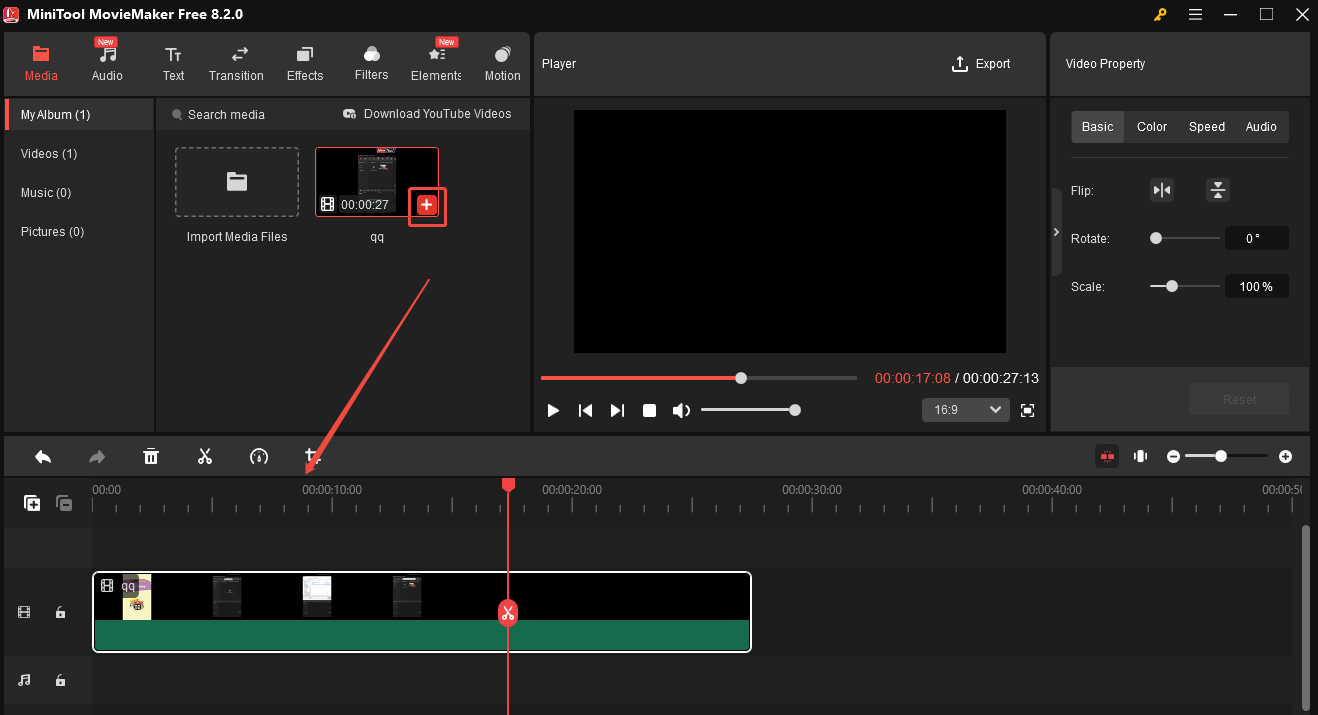 Click Import Media Files to add the video and click the + icon to add it to the timeline