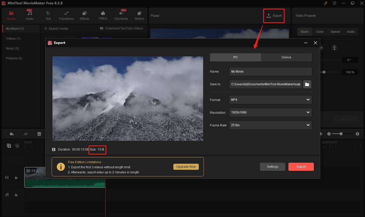 Vérifiez la taille estimée du fichier dans MiniTool MovieMaker