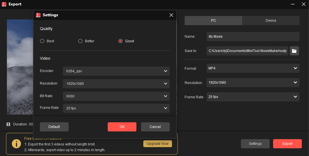 Modifiez les paramètres vidéo pour réduire la taille du fichier vidéo dans MiniTool MovieMaker
