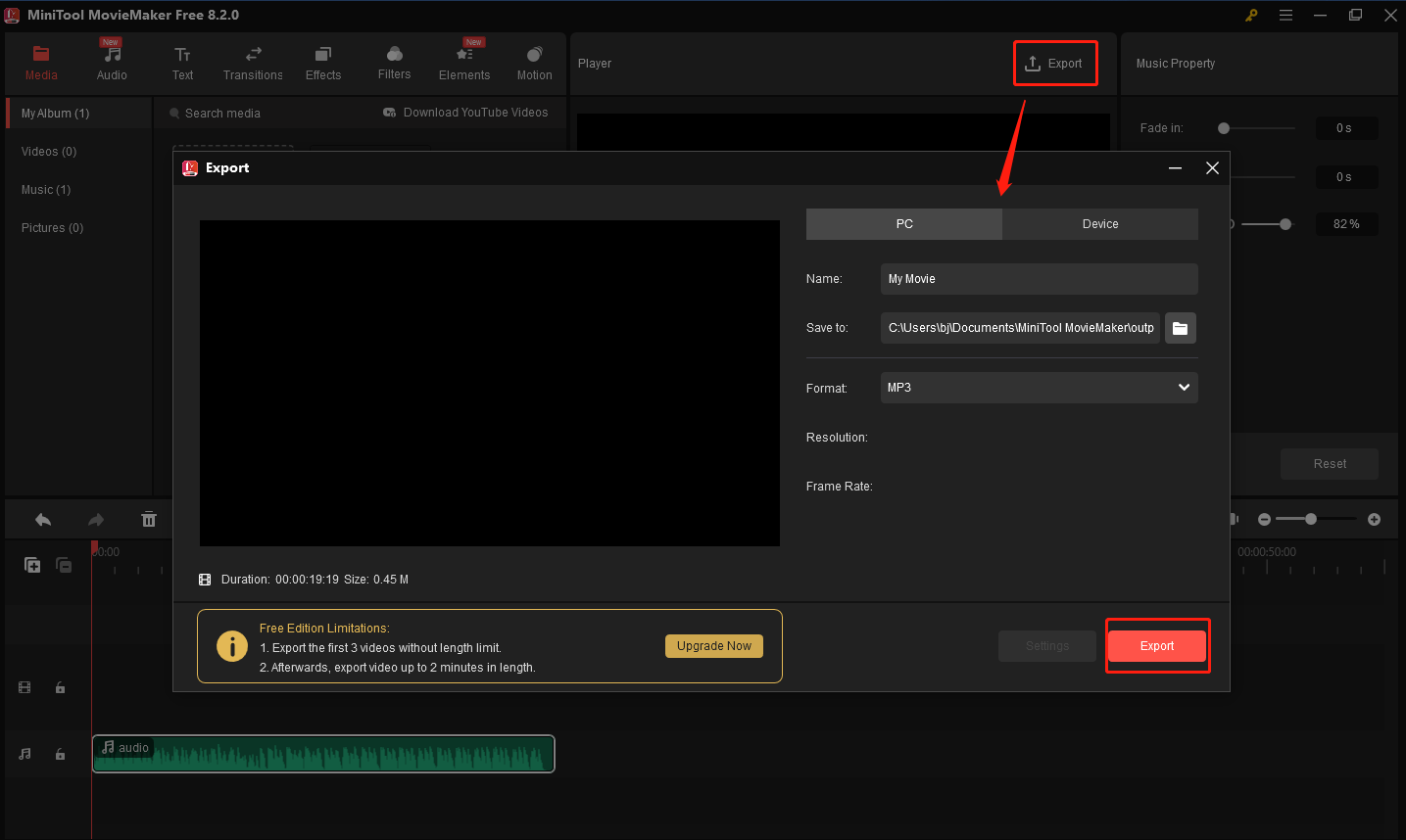 Choose MP3 as the output format in MiniTool MovieMaker