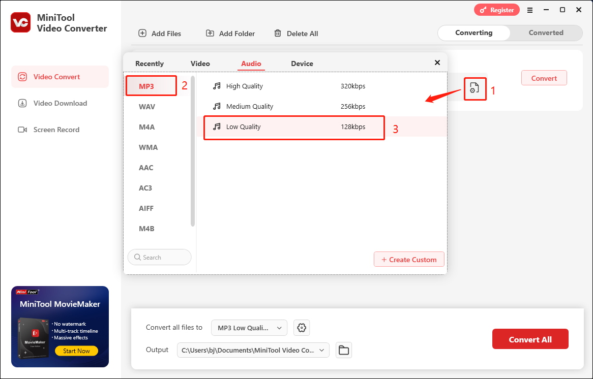 Choose the output settings of the audio in MiniTool Video Converter