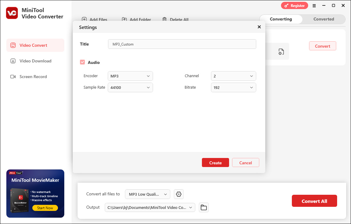Adjust the sample rate and bitrate in MiniTool Video Converter