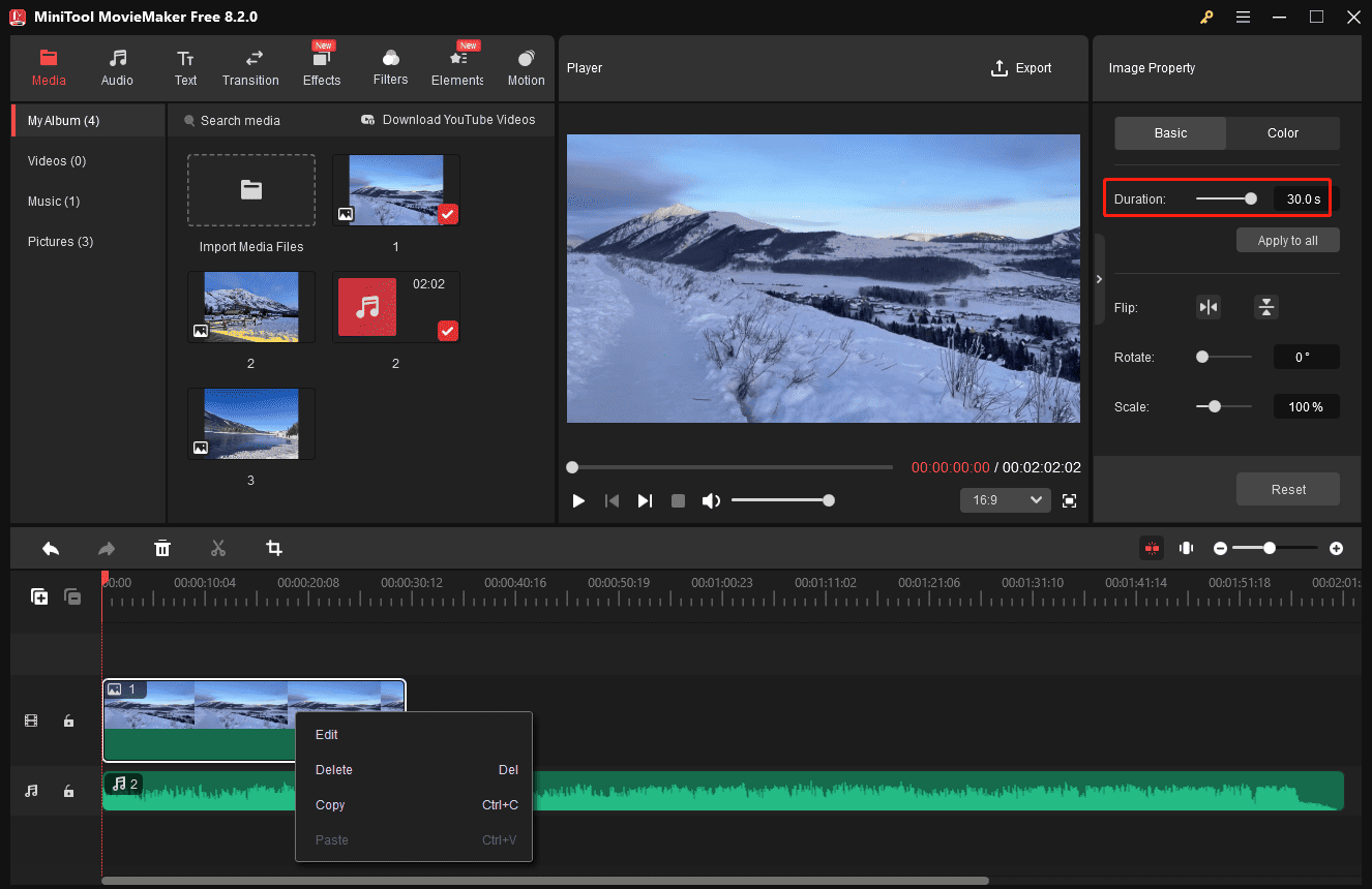 Bearbeiten der Bilddauer in MiniTool MovieMaker