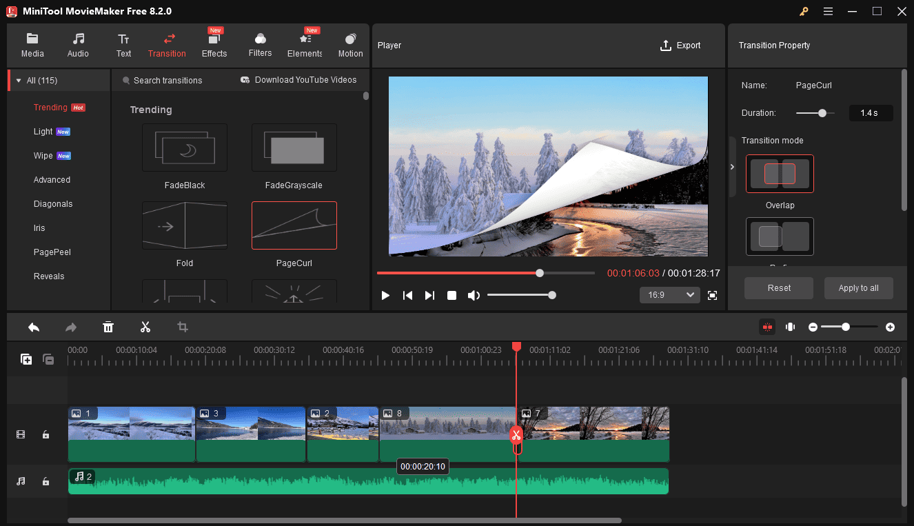 Hinzufügen eines Übergangs zwischen Bildern in MiniTool MovieMaker