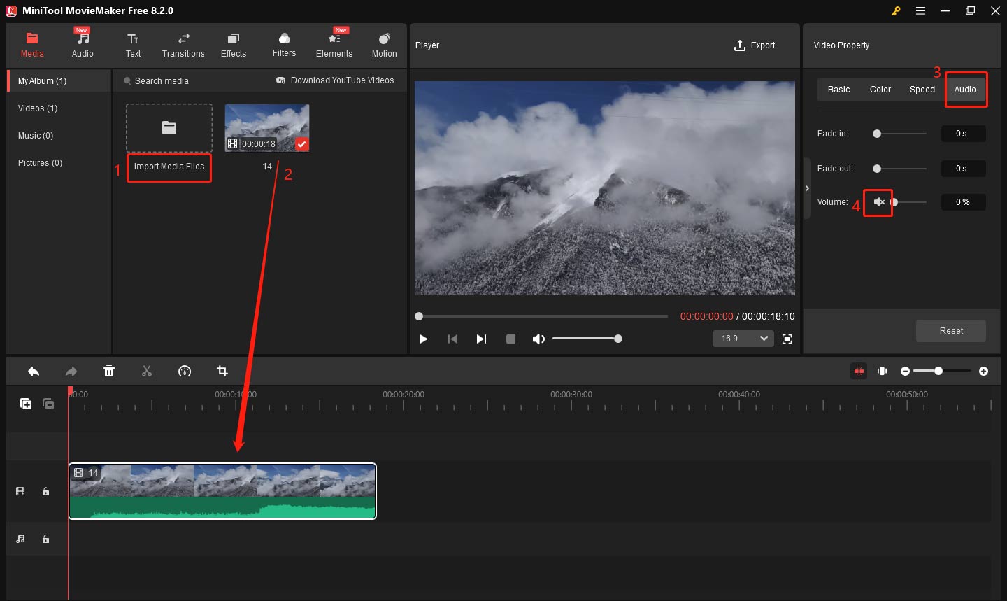 Import the TikTok video and mute the video in MiniTool MovieMaker