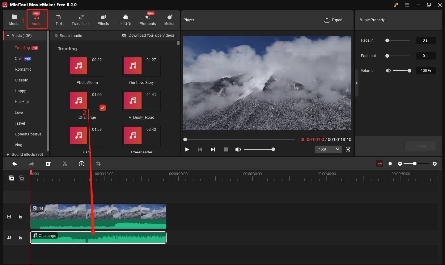 Click Audio and drag an audio file to the timeline in MiniTool MovieMaker