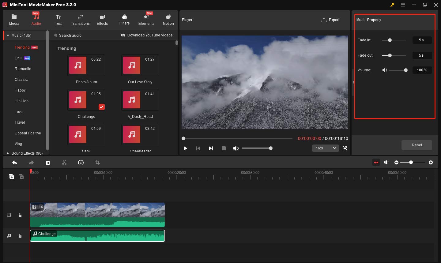 Go to the Music Property window to fade audio and adjust the volume in MiniTool MovieMaker