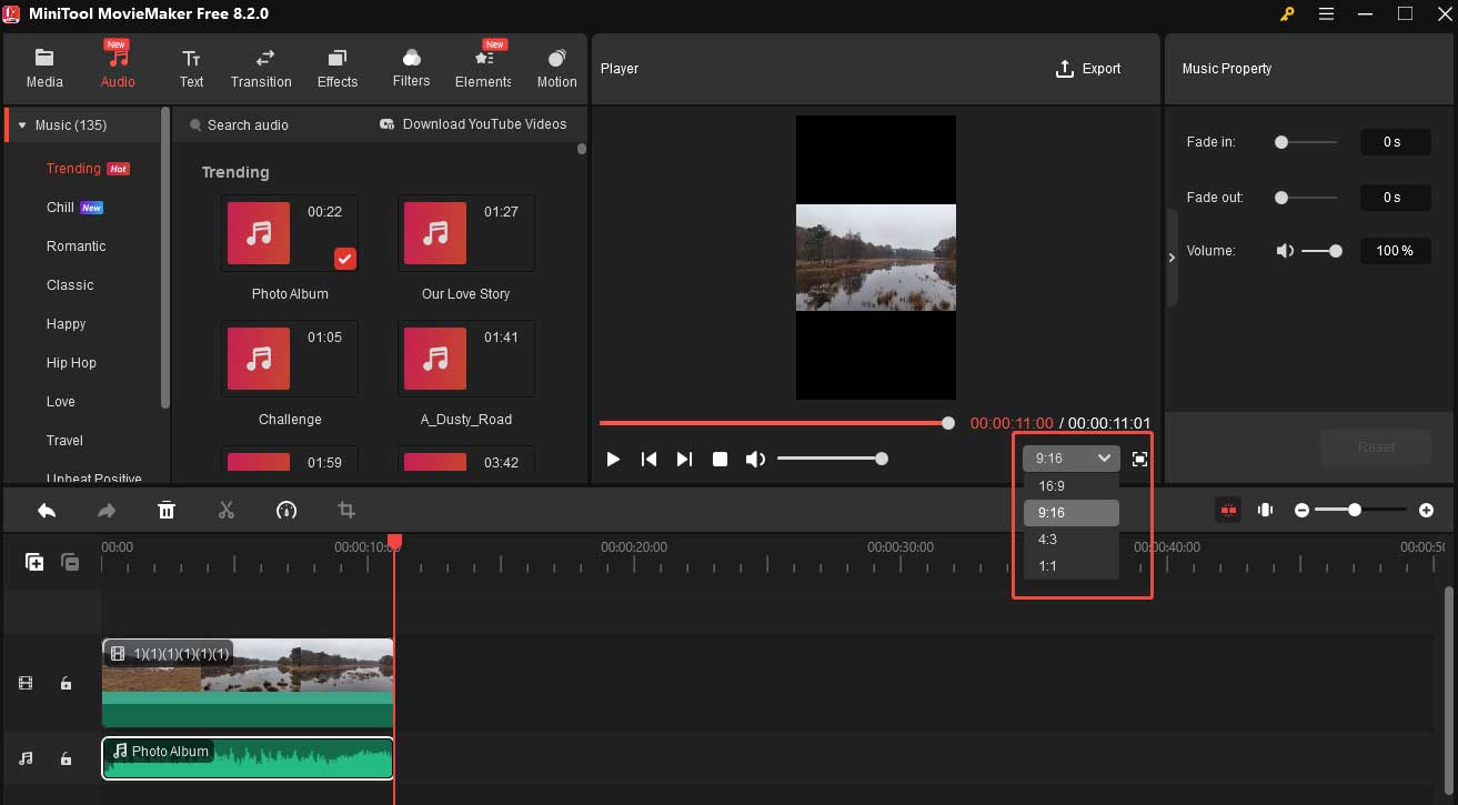Expand the Aspect Ratio option in the Player section and choose 9:16 from the list in MiniTool MovieMaker