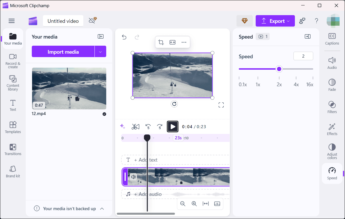 Move the speed slider to 2x in Microsoft Clipchamp