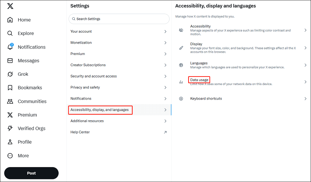 Click the Data usage button on Twitter
