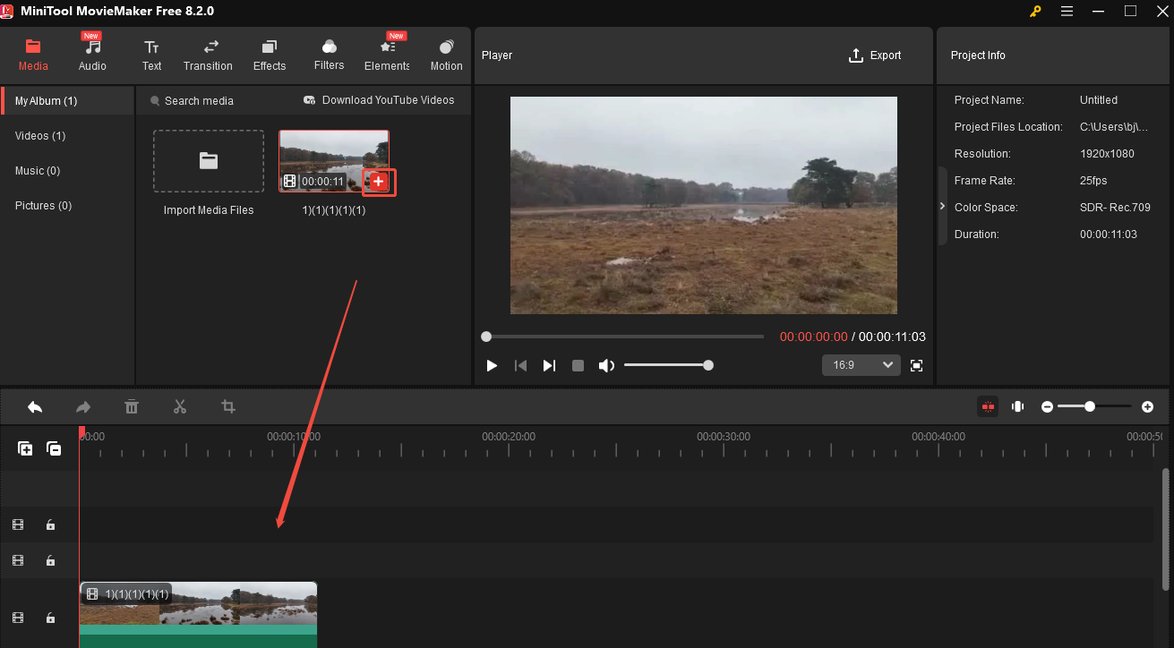 Click Import Media Files and click the + icon to add it to the timeline