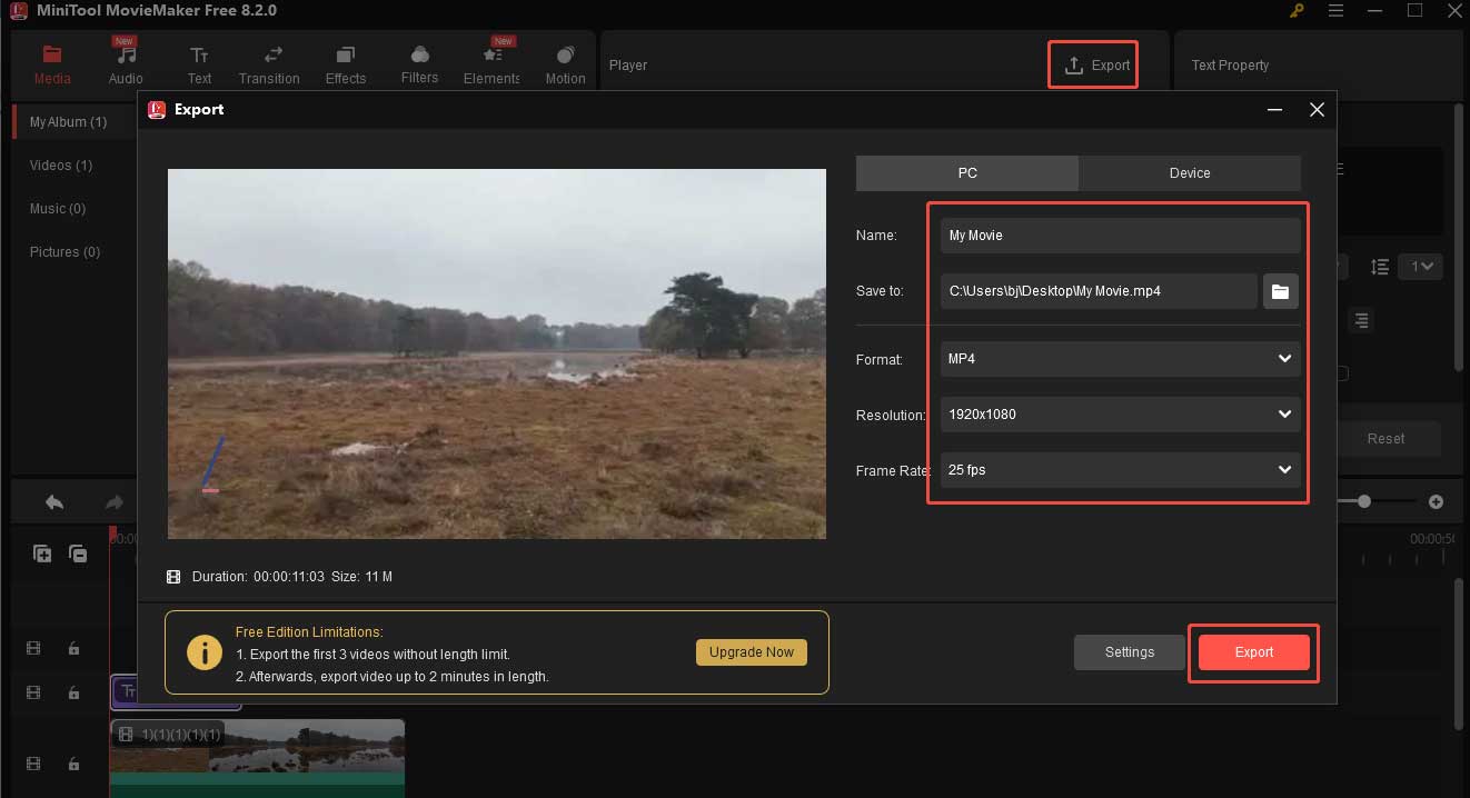 Click Export, give the video a name, select the target folder, adjust its output format, and then click Export