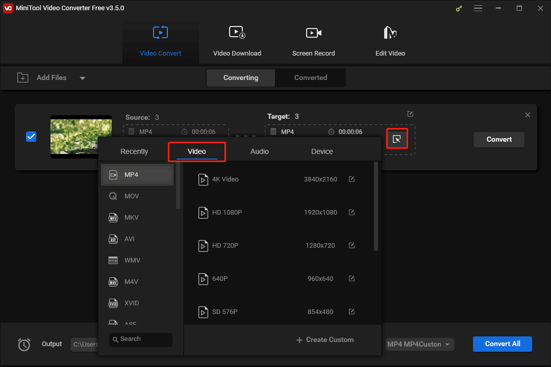 Elija un ajuste preestablecido de MP4 en MiniTool Video Converter