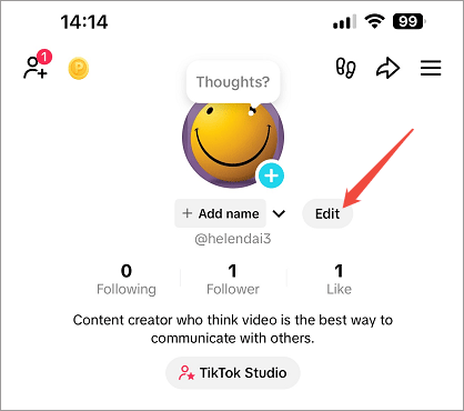 Click the Edit button in TikTok profile page