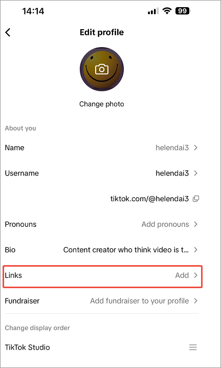 Click the Add option for the Links in the TikTok Edit profile page