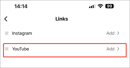Click the Add option for YouTube in TikTok Links page