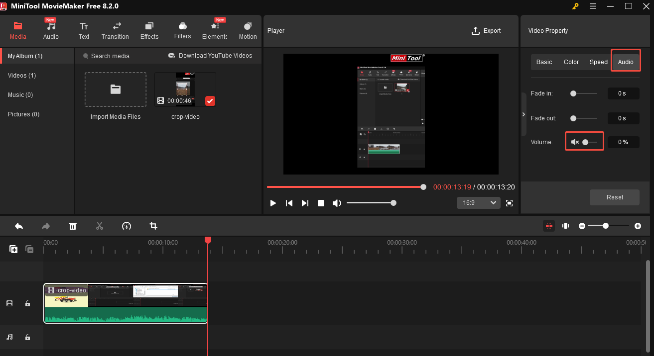 Go to the Video Property, switch to the Audio tab, and click the Volume icon to turn it off