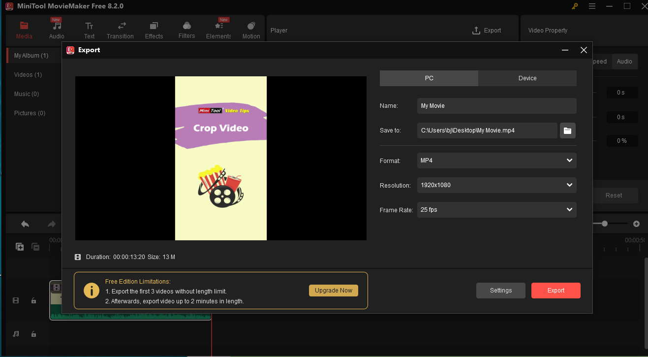 Click Export in MiniTool MovieMaker to open the Export window and click Export to save your video without audio