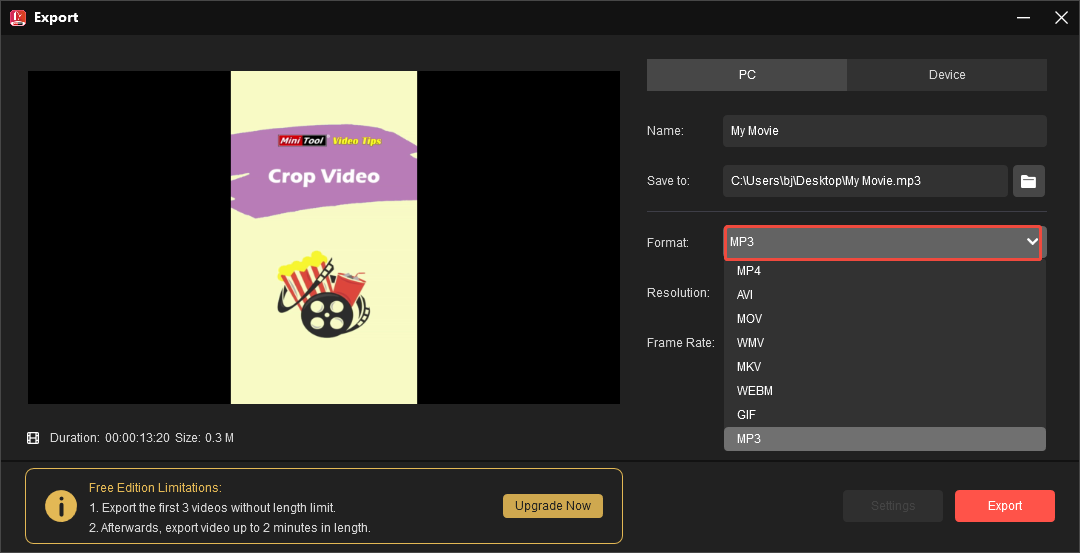 Choose MP3 from the output drop-down list in MiniTool Moviemaker and click Export to save the audio-only file