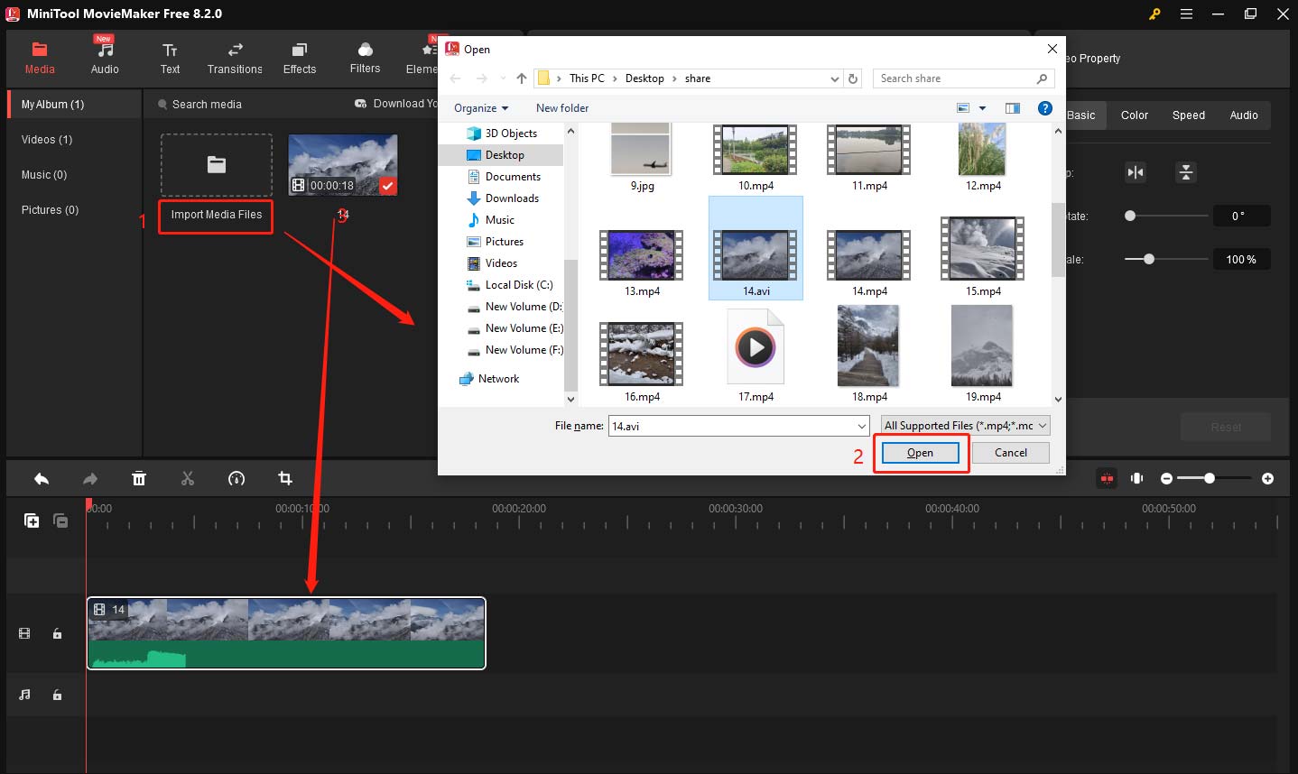 Import the AVI video and add it to the timeline in MiniTool MovieMaker