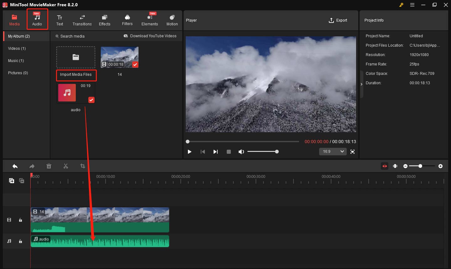Import new audio file in MiniTool MovieMaker