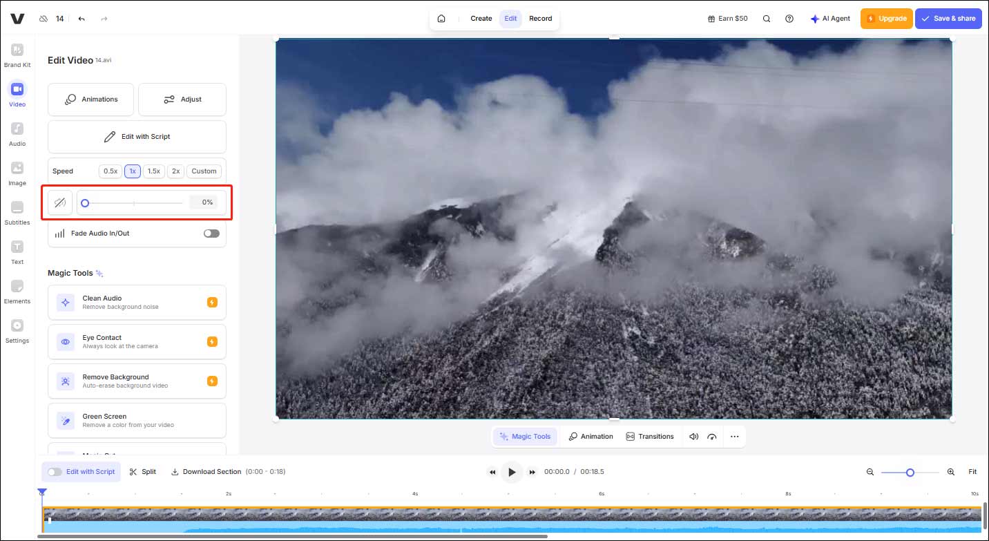 Drag the Volume slider to the far left to mute in VEED