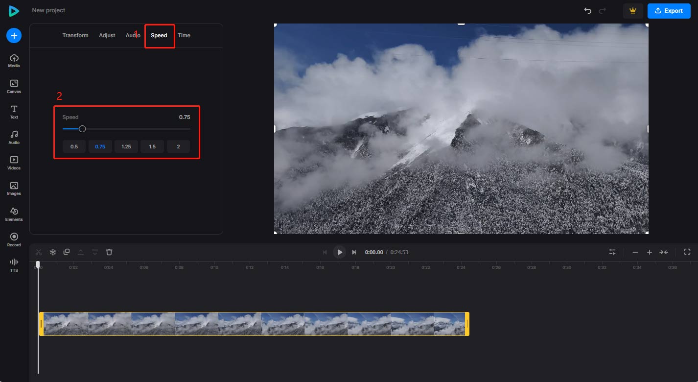 Slow down the MP4 video in Clideo