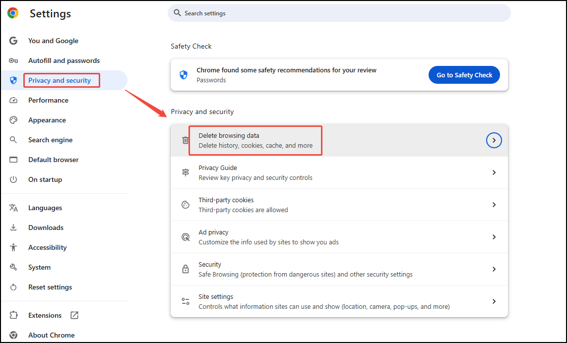 Under the Privacy and security tab, select the Clear browsing data option