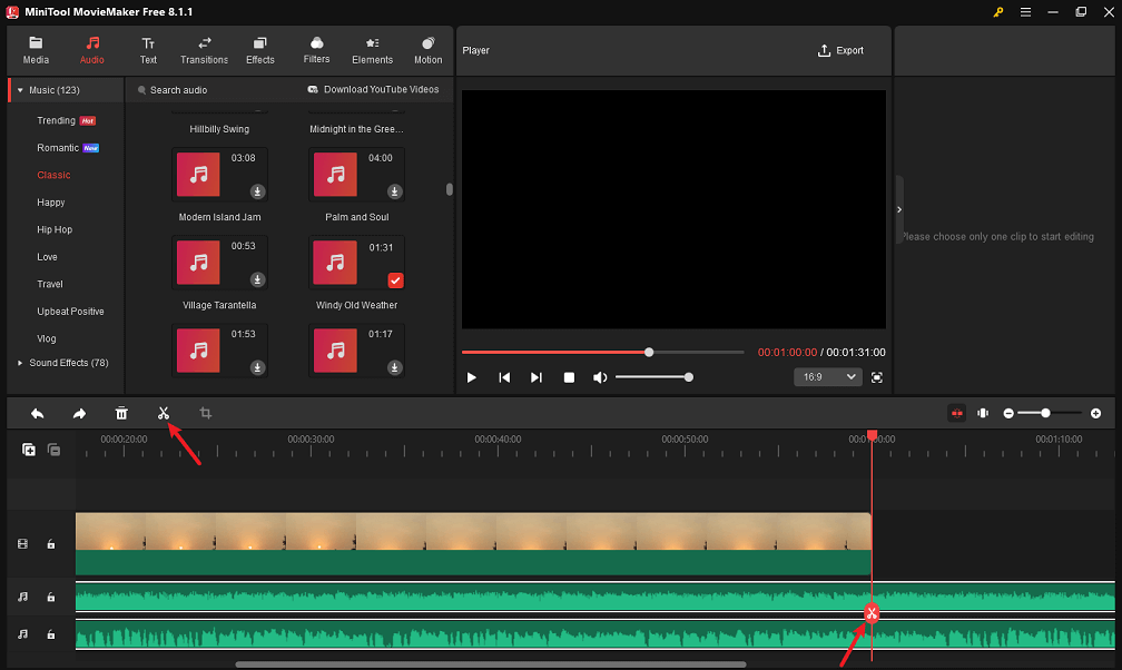Aufteilen der hinzugefügten Audiodateien mit MiniTool MovieMaker