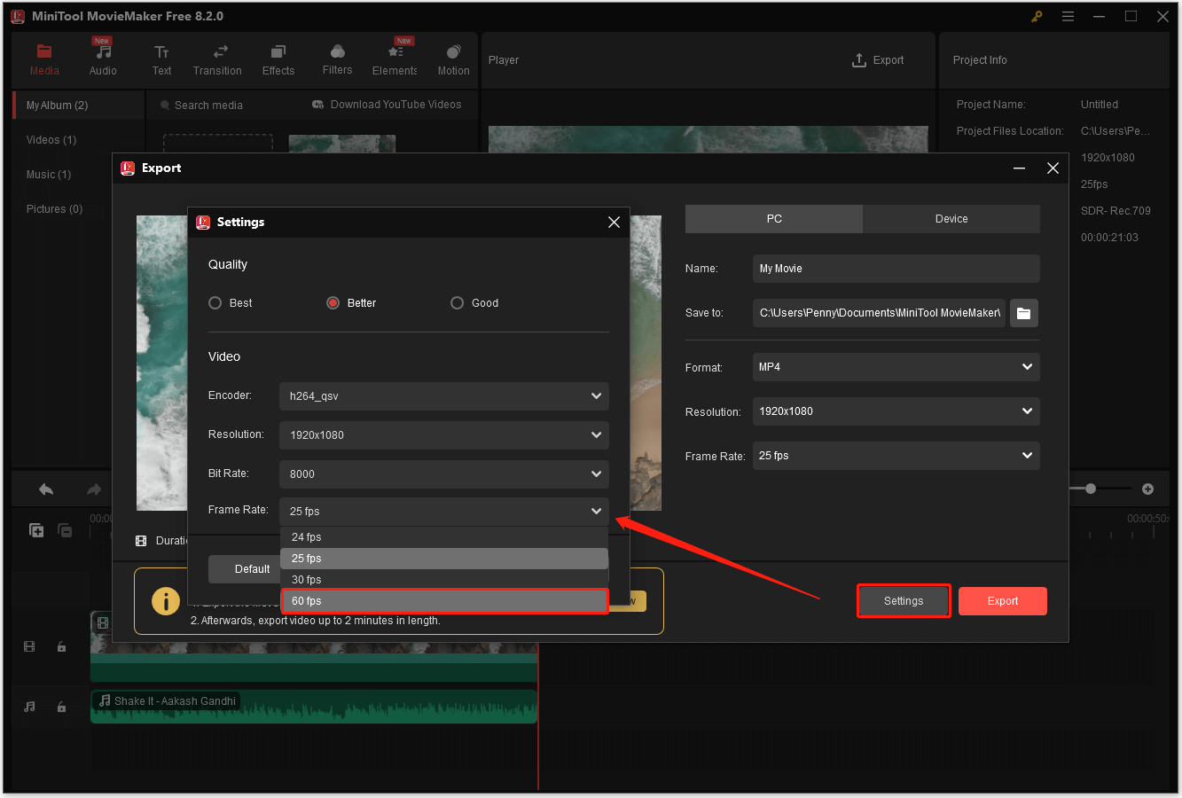 Mit MiniTool MovieMaker 60FPS-Video exportieren