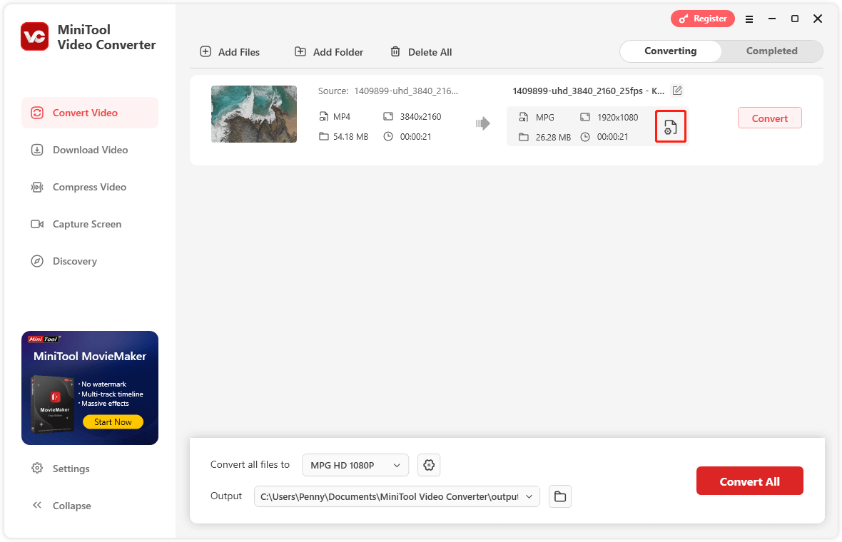 Klicken Sie auf die Schaltfläche Bearbeiten in MiniTool Video Converter