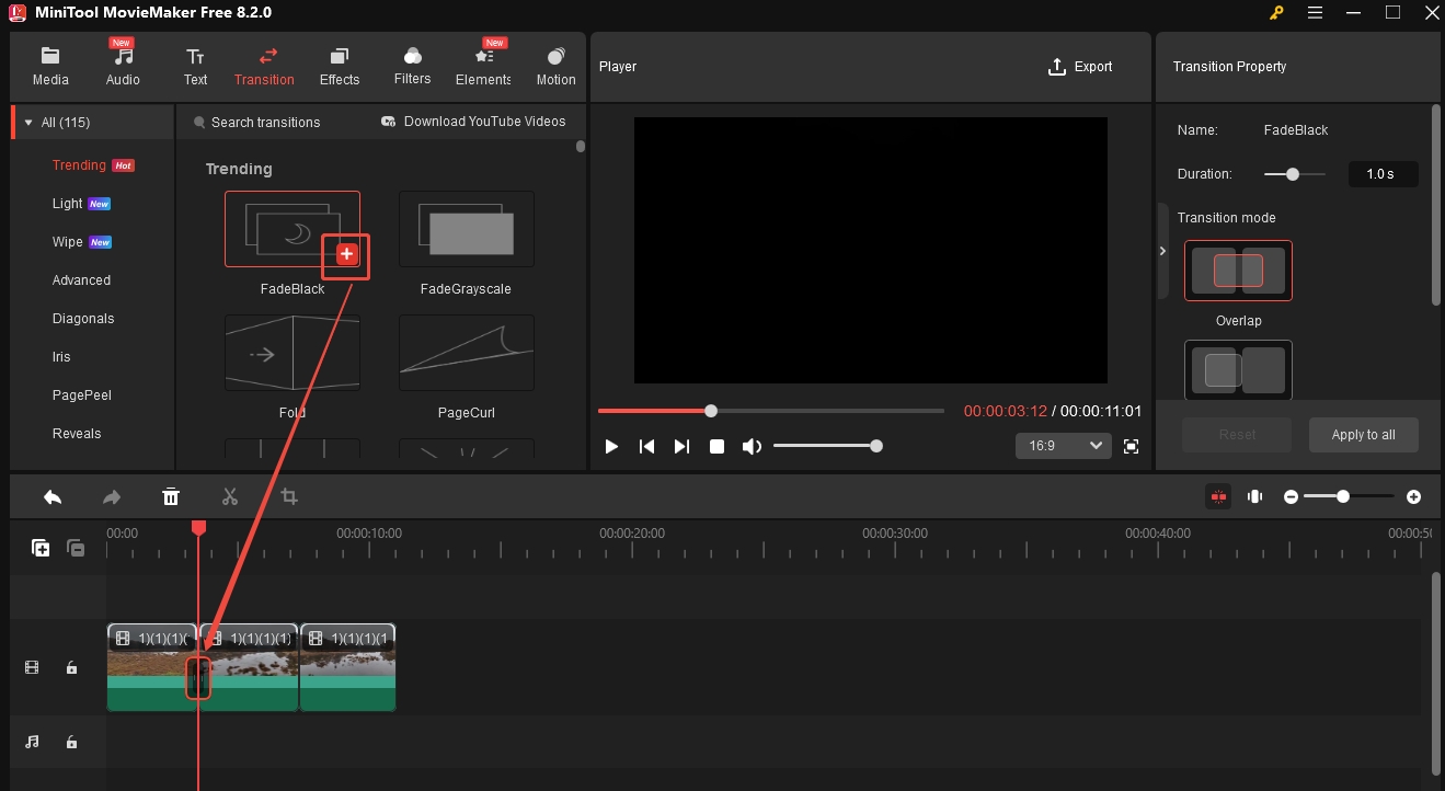 Adicionar uma transição entre dois clips