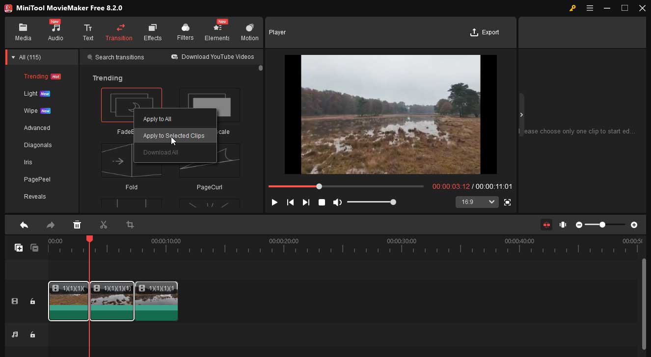 Adicionar uma transição entre vários clips