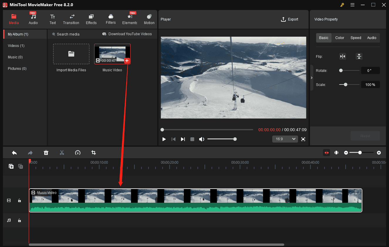 Clique no ícone + no vídeo para adicioná-lo à linha do tempo no MiniTool MovieMaker