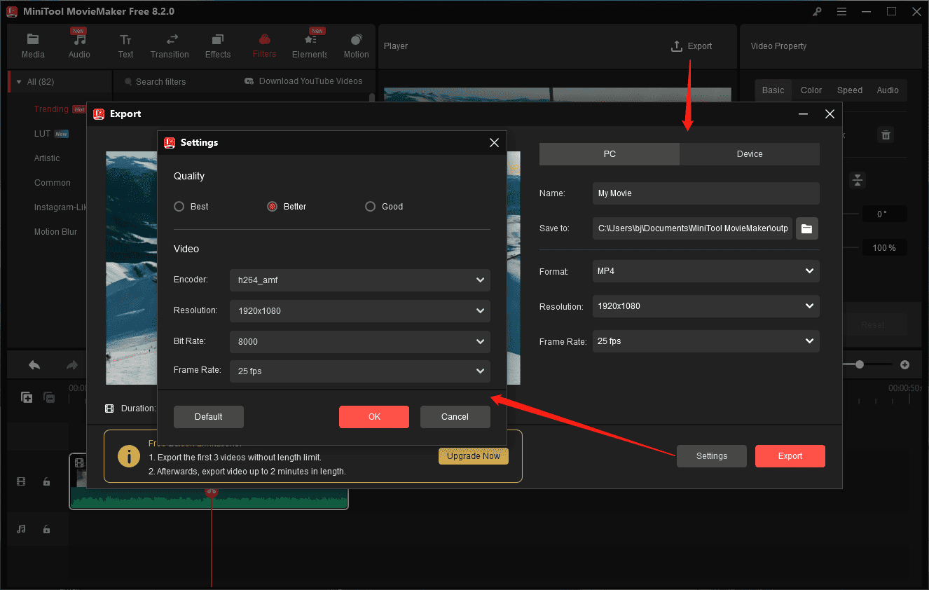 Exporte o vídeo com configurações personalizadas do MiniTool MovieMaker