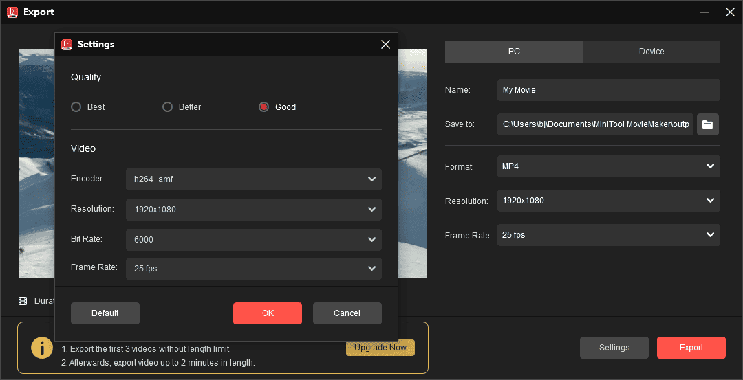 Edite os parâmetros de vídeo para reduzir o tamanho do ficheiro de vídeo no MiniTool MovieMaker