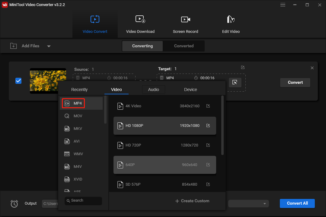 Escolha o formato de saída no MiniTool Video Converter